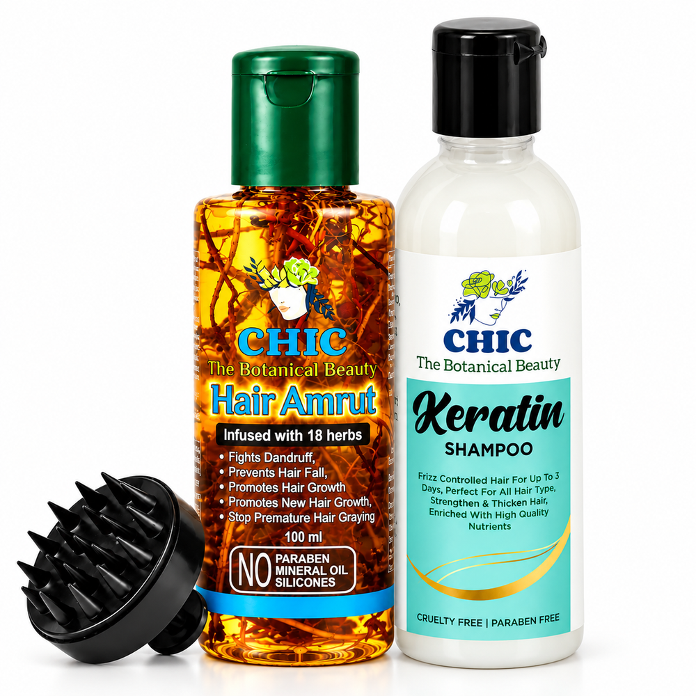 CHIC Hair Care Combo – Hair Amrut Herbal Hair Oil 100 ml with 18 Herbs, Keratin Shampoo & Free Hair Massager