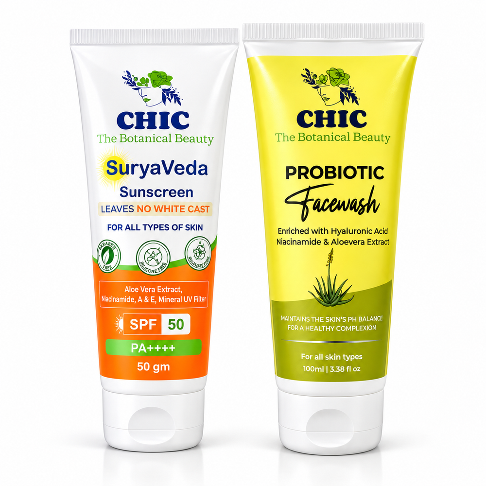 CHIC Suryaveda Sunscreen SPF 50 PA++++ & Probiotic Facewash Combo – Daily Sun Protection and Gentle Cleansing Skincare Set