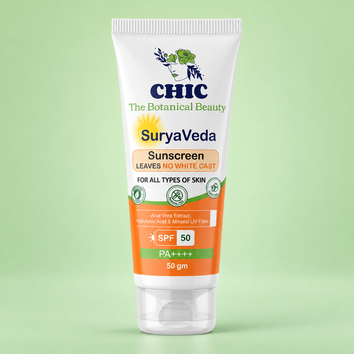 CHIC SuryaVeda Sunscreen SPF 50 PA++++ – No White Cast Sunscreen with Aloe Vera & Hyaluronic Acid, 50g