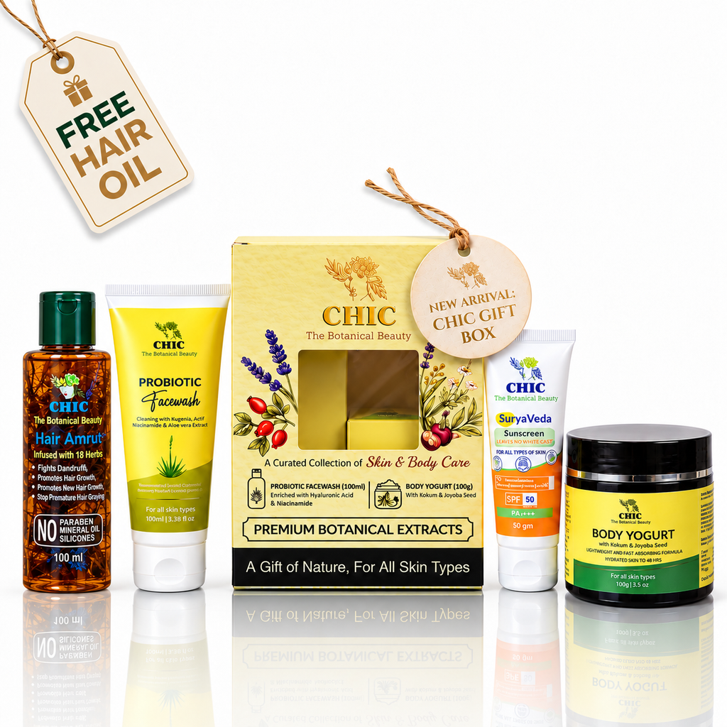 CHIC Botanical Beauty Gift Box – Hair Amrut Oil, Probiotic Facewash, Suryaveda Sunscreen & Body Yogurt Combo with Free Hair Oil