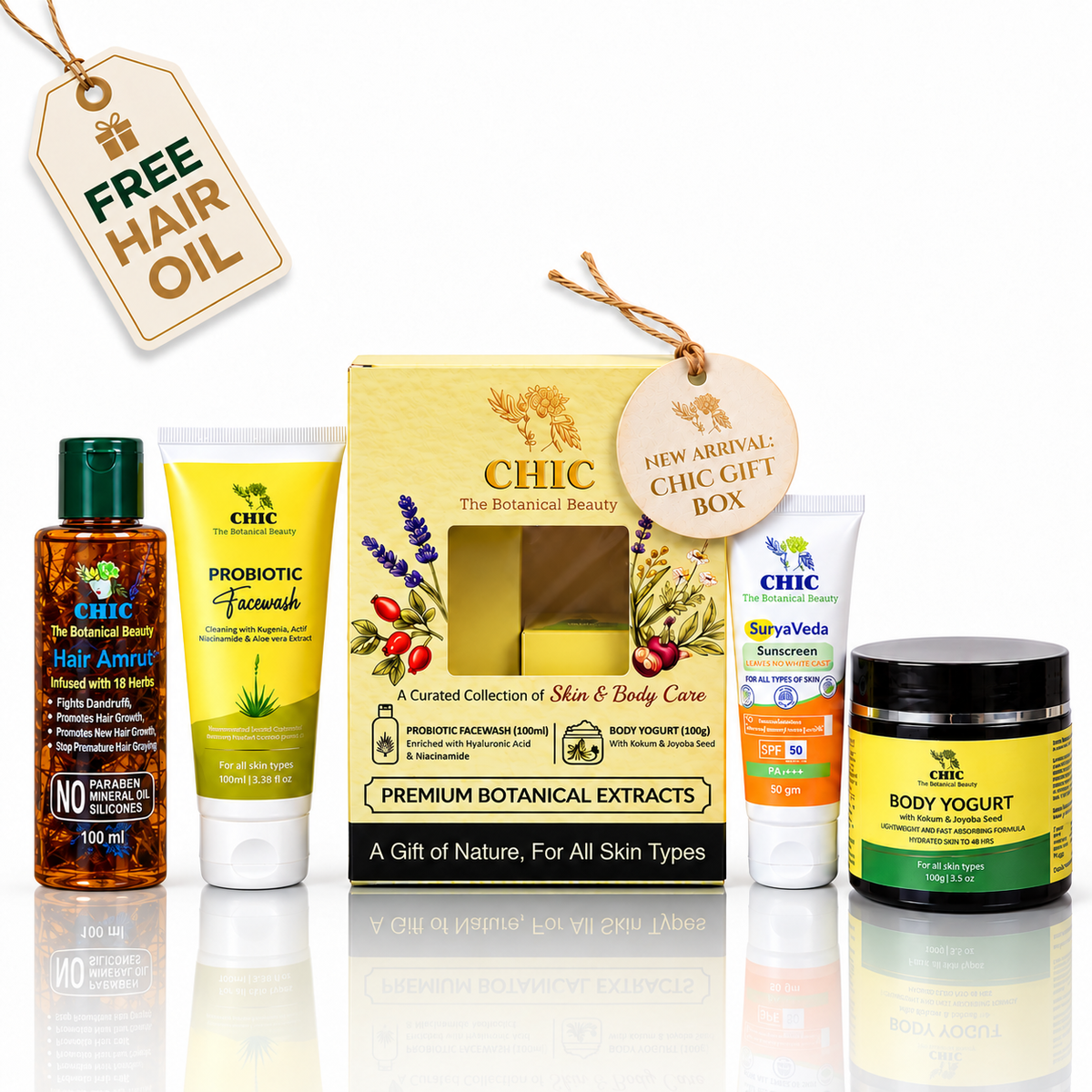 CHIC Botanical Beauty Gift Box – Hair Amrut Oil, Probiotic Facewash, Suryaveda Sunscreen & Body Yogurt Combo with Free Hair Oil
