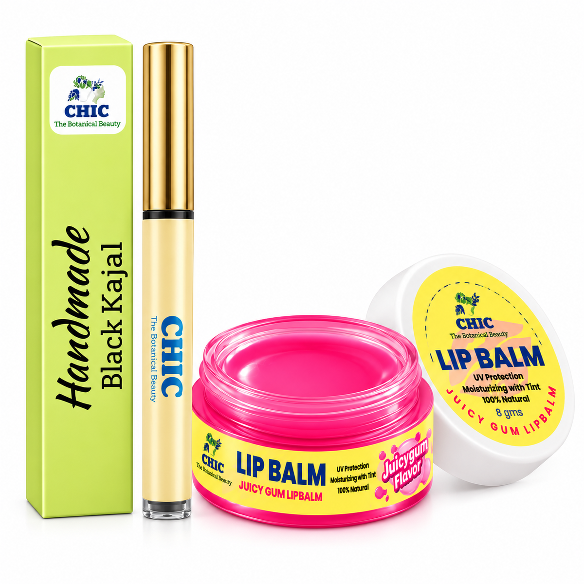 CHIC Handmade Beauty Combo – Handmade Black Kajal & Juicy Gum Lip Balm 8 g | Natural Beauty Essentials