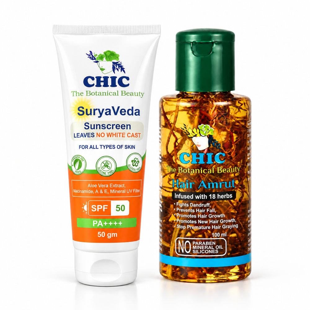 CHIC Suryaveda Sunscreen SPF 50 PA++++ 50g & Hair Amrut Herbal Hair Oil 100ml Combo – Daily Sun Protection and Herbal Hair Care