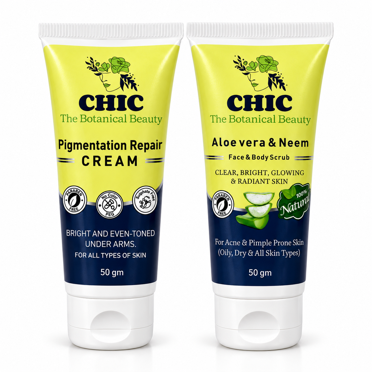 CHIC Pigmentation Repair Cream & Aloe Vera Neem Face and Body Scrub Combo – 2-Piece Skincare Set, 50 g Each