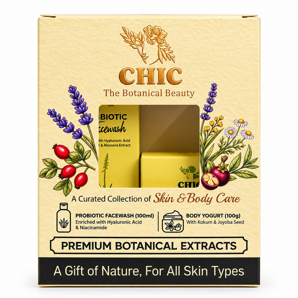 CHIC Botanical Beauty Gift Box – Hair Amrut Oil, Probiotic Facewash, Suryaveda Sunscreen & Body Yogurt Combo with Free Hair Oil