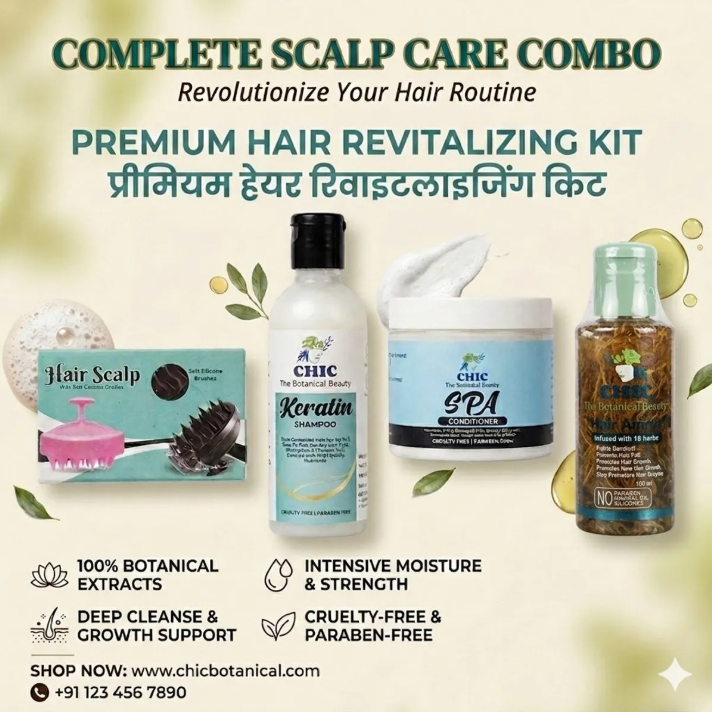 Chic Botanical Hair Spa Ritual Combo | Keratin Shampoo, Spa Conditioner, Herbal Hair Oil + Scalp Massager