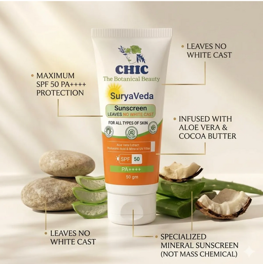 Suryaveda Ayurvedic Sunscreen SPF 50 PA+++++ | No White Cast | Hyaluronic Acid, Aloe Vera & Mineral UV Filters | For Tweens, Teenagers & All Skin Types